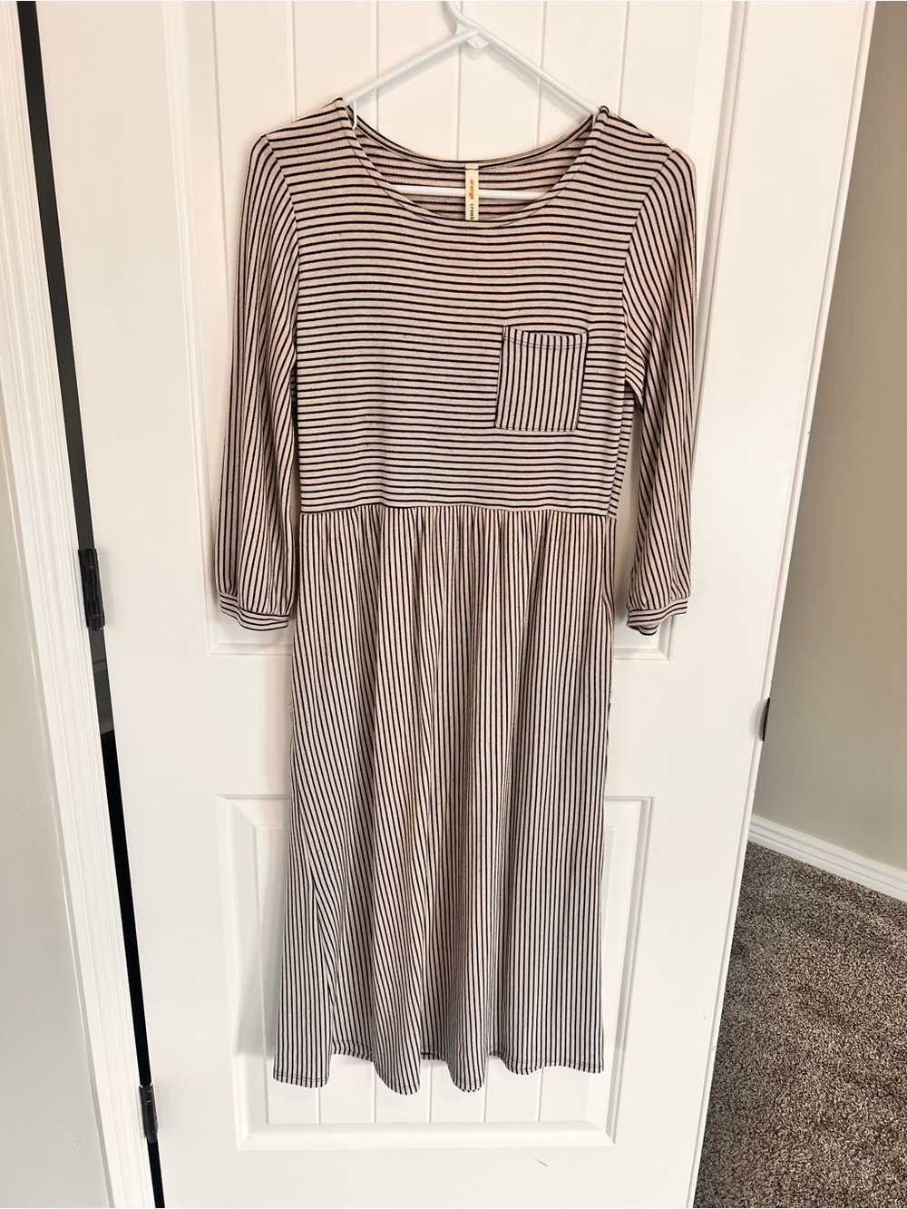 Striped Long Sleeve Pocket Kids Dress - Cream & Black